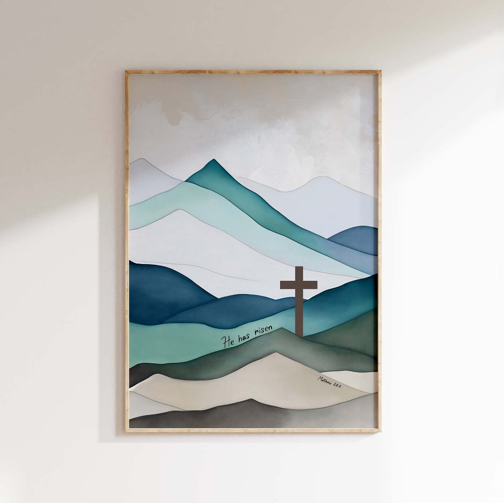He Has Risen Easter Decor, Matthew 28 6 Jesus Cross Wall Art Print, Christian wall art with mountains, cross wall art print