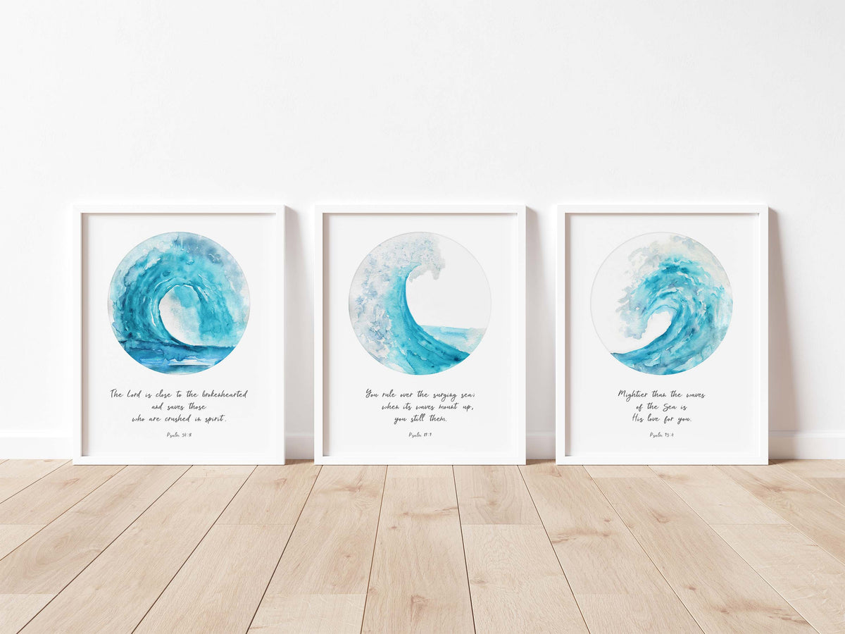 Ocean Christian Wall Art Prints, Bible Verses About Encouragement 3 Print Set
