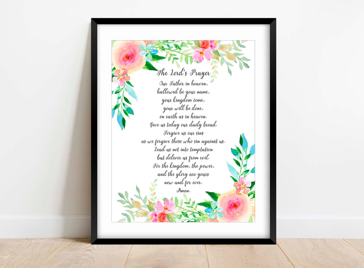 Elegant Floral Lord's Prayer Art, Contemporary Text Design for Spiritual Home Decor. Lord's Prayer Typography