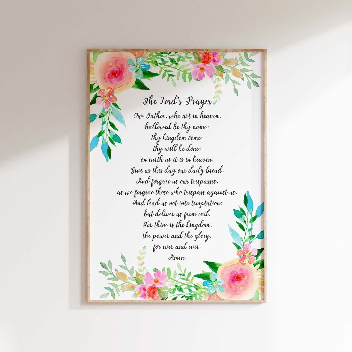 Enhance your space with a captivating Lord's Prayer artwork, surrounded by florals and leaves, available in multiple sizes