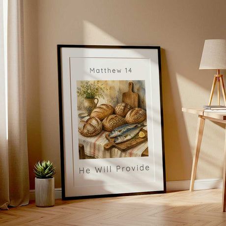 Matthew 14 - Scripture wall art print with five loaves and two fish watercolour design in warm golden farmhouse tones.