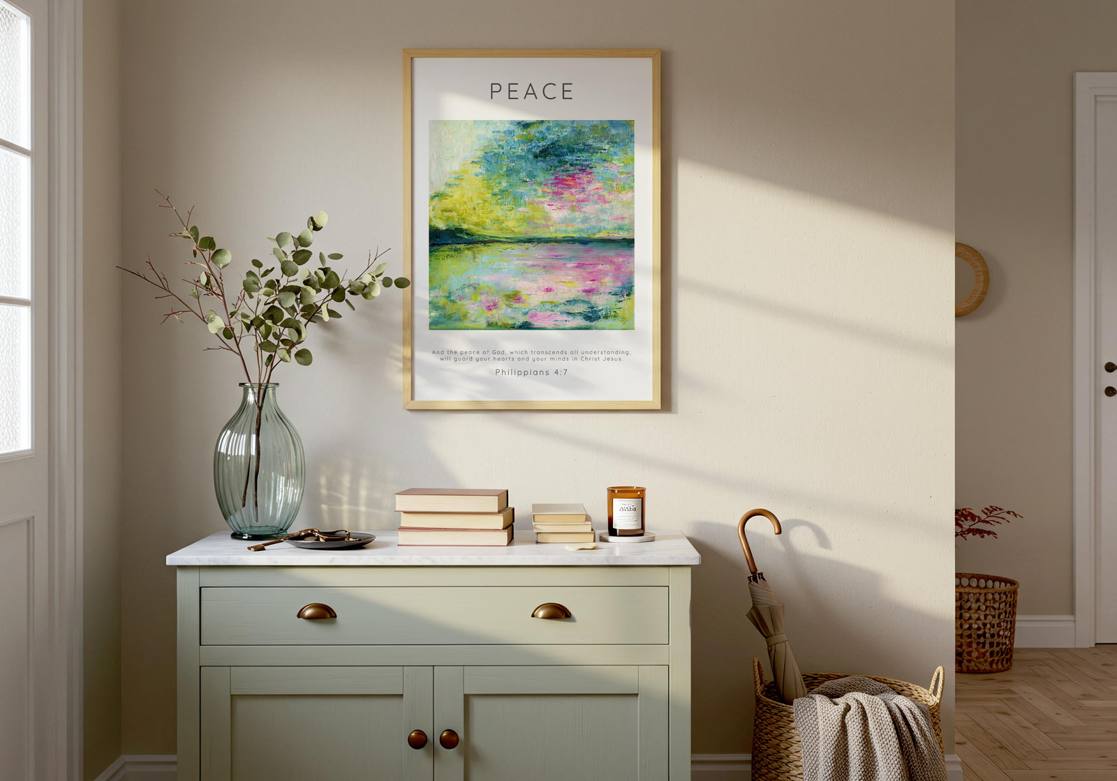 Christian wall print combining scripture and original art painting.