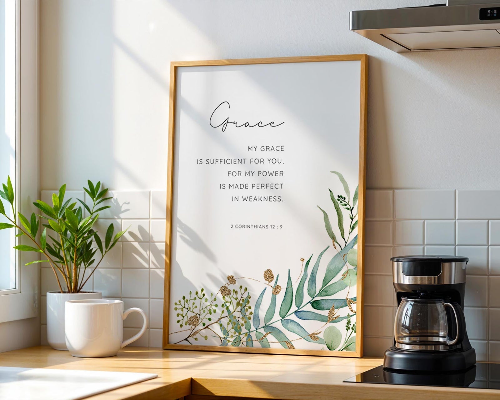 2 Corinthians 12:9 - Bible verse about weakness wall art with eucalyptus botanical for christian home decor.