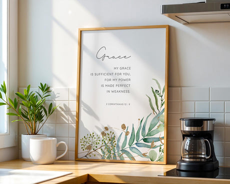 2 Corinthians 12:9 - Bible verse about weakness wall art with eucalyptus botanical for christian home decor.