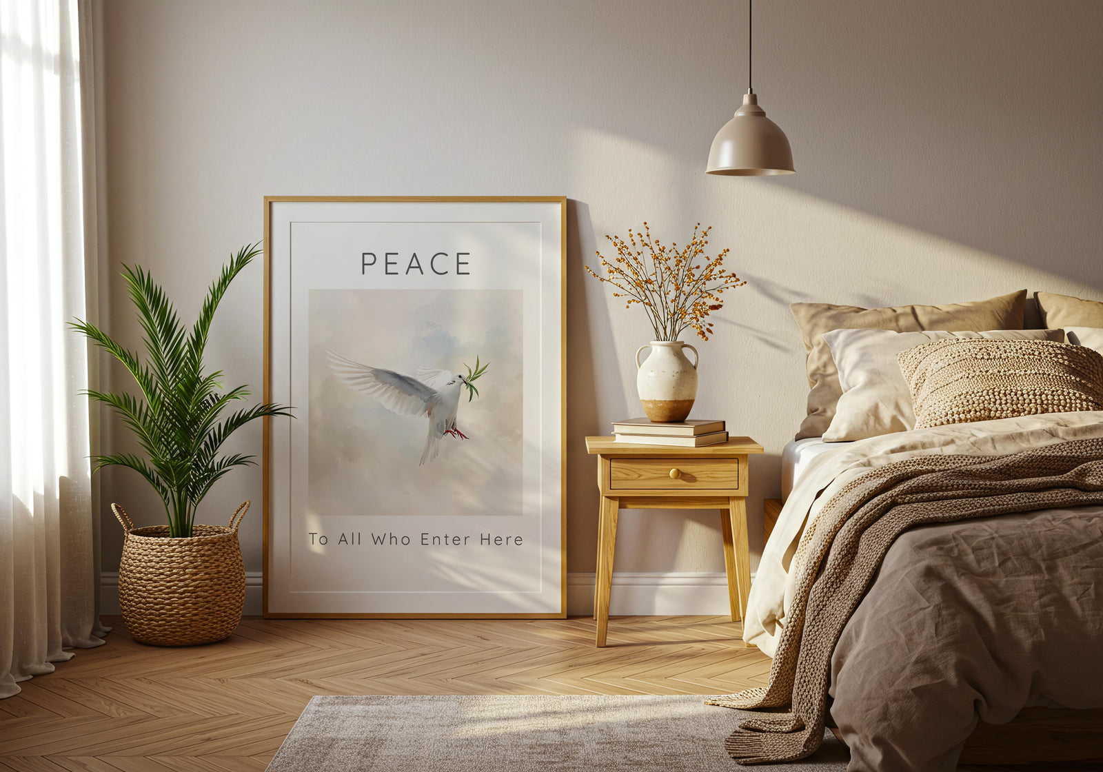Peace To All Who Enter Here Christian Art Print – White dove with olive branch symbolising peace and blessing.