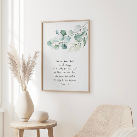 Romans 8:28 - Contemporary scripture verse print showing botanical and redemptive promise for home decor.