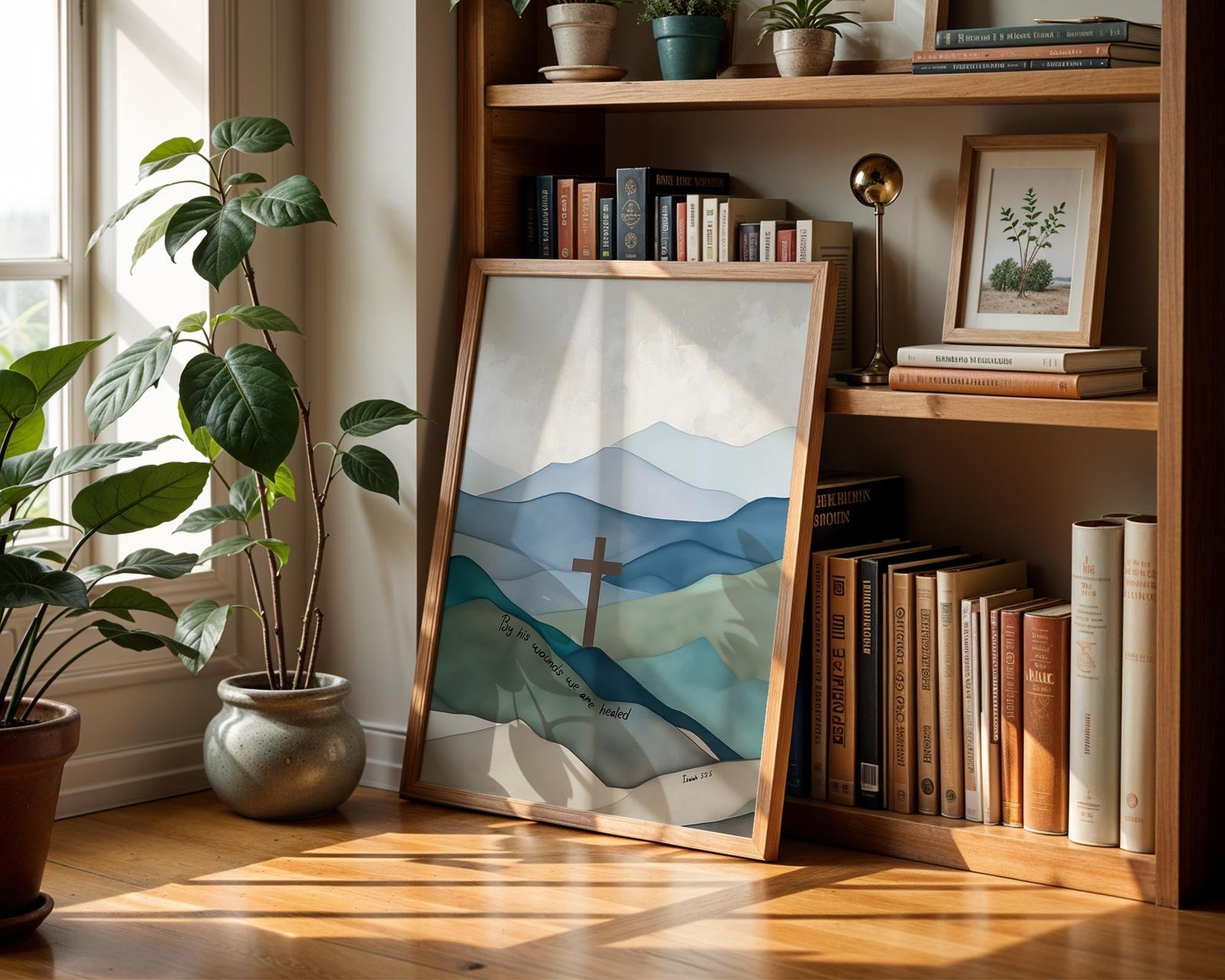 Isaiah 53:5 - By His Wounds We Are Healed print with contemplative mountain landscape for Christian home.