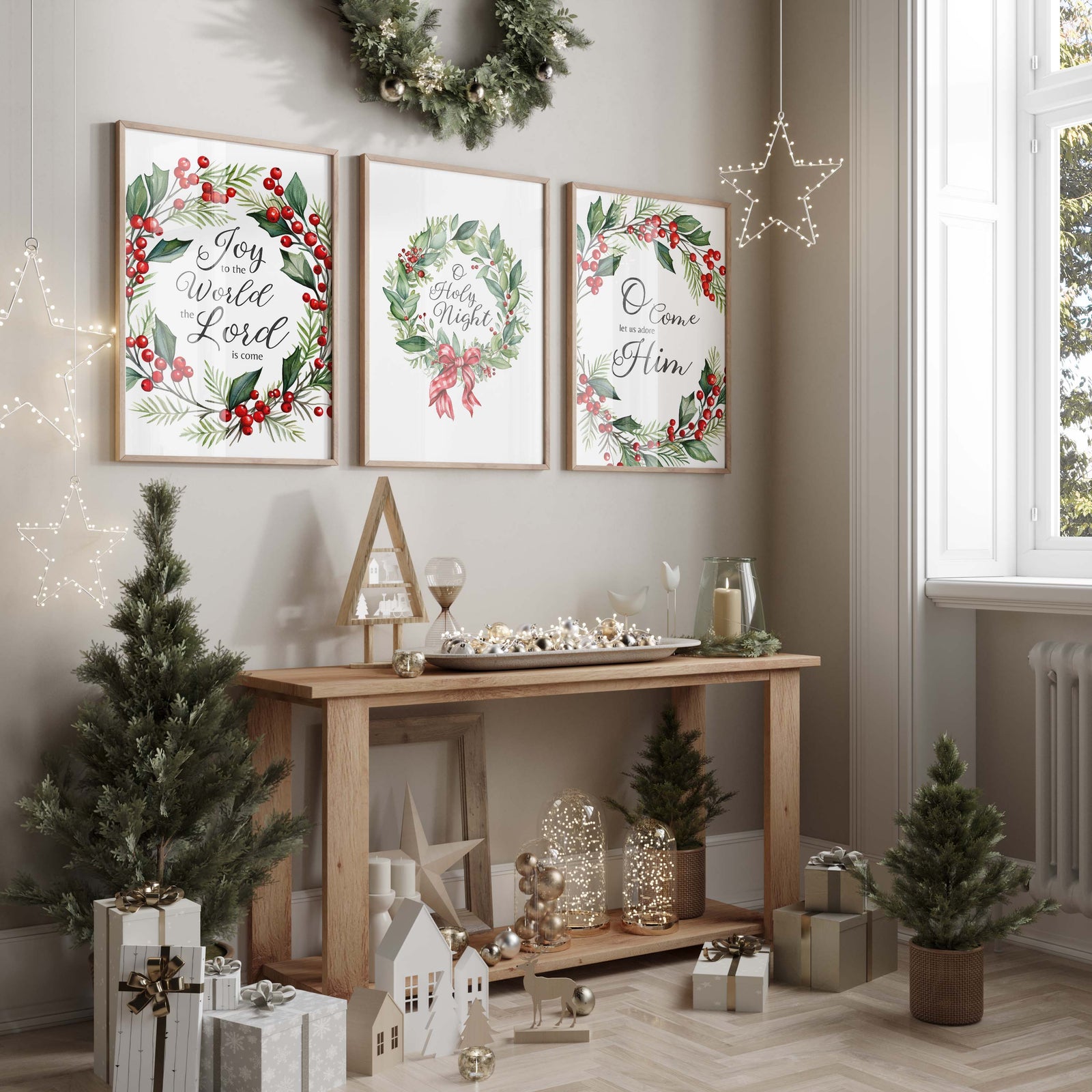 Festive print set featuring 'Joy to the World' and other carol lines.Red and green Christmas wreath prints showcasing carol verses 