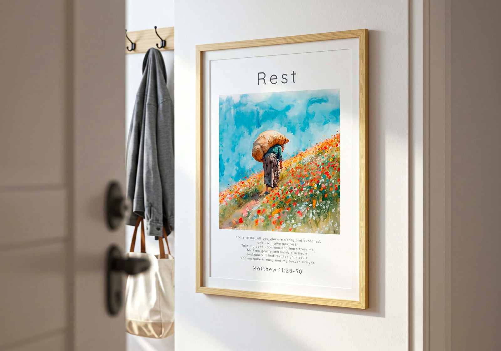 Matthew 11:28-30 - Rest scripture poster featuring figure carrying burden through beautiful wildflower landscape.