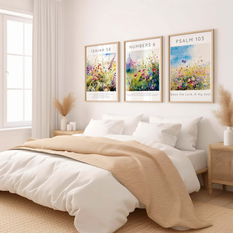 Psalm 103:1 – Praise scripture wall decor with floral meadow artwork.
