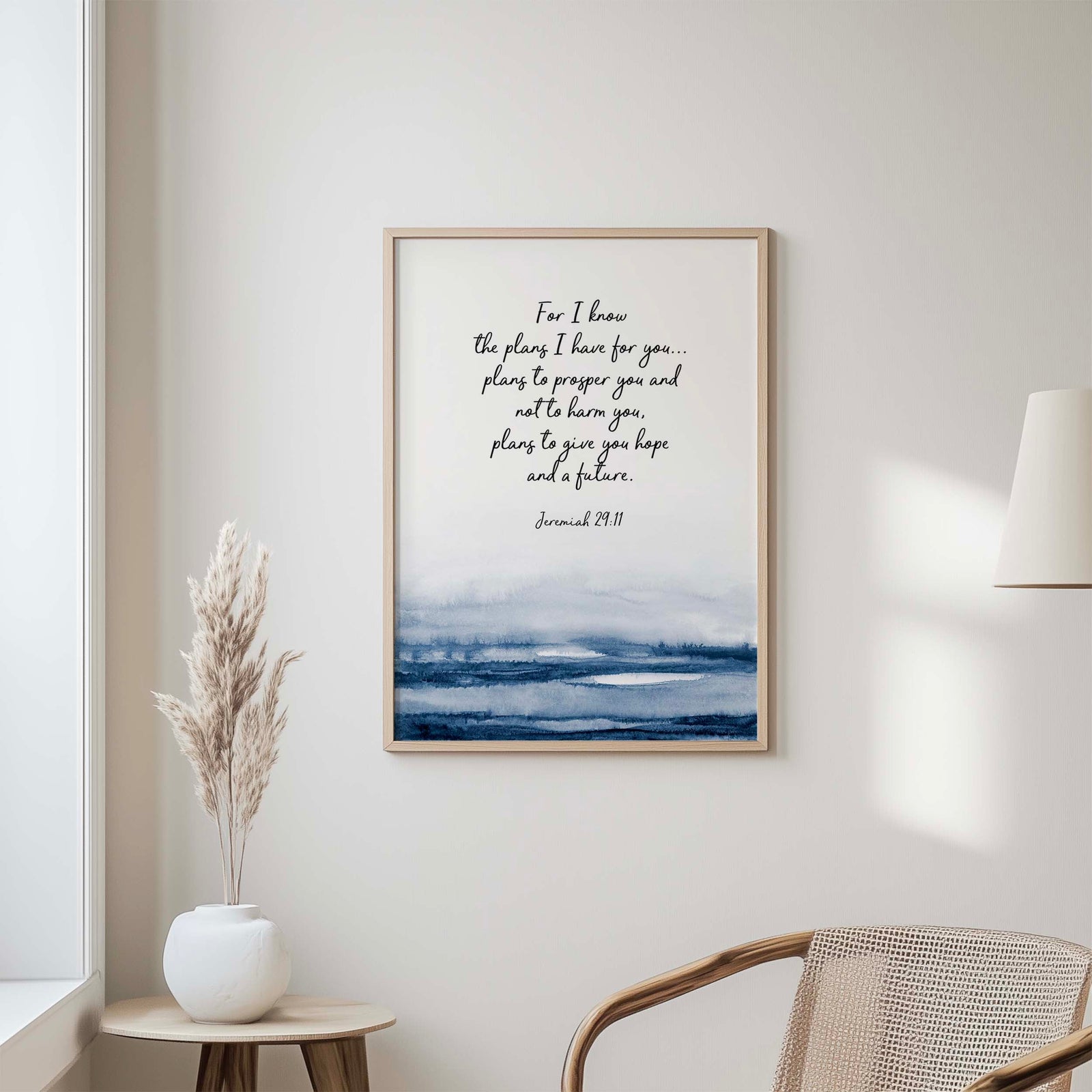 Jeremiah 29:11 - For I Know The Plans print with indigo water design for Christian home.