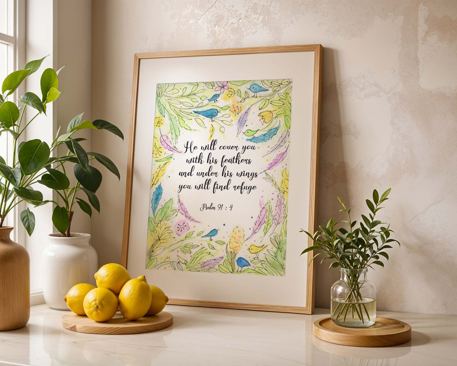 Psalm 91:4 - He Will Cover You bible verse art with painted feathers for faith home.