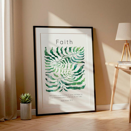 Hebrews 11:1 - Faith Christian artwork with winding watercolour vines representing confidence and trust in God.