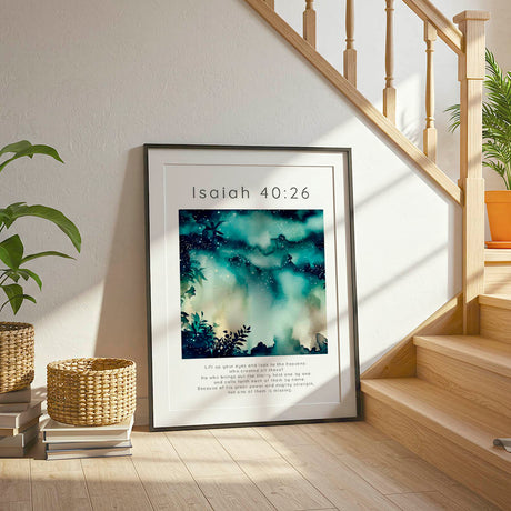 Isaiah 40:26 - Scripture verse quote poster featuring a deep night sky full of stars in moody blue and teal tones.