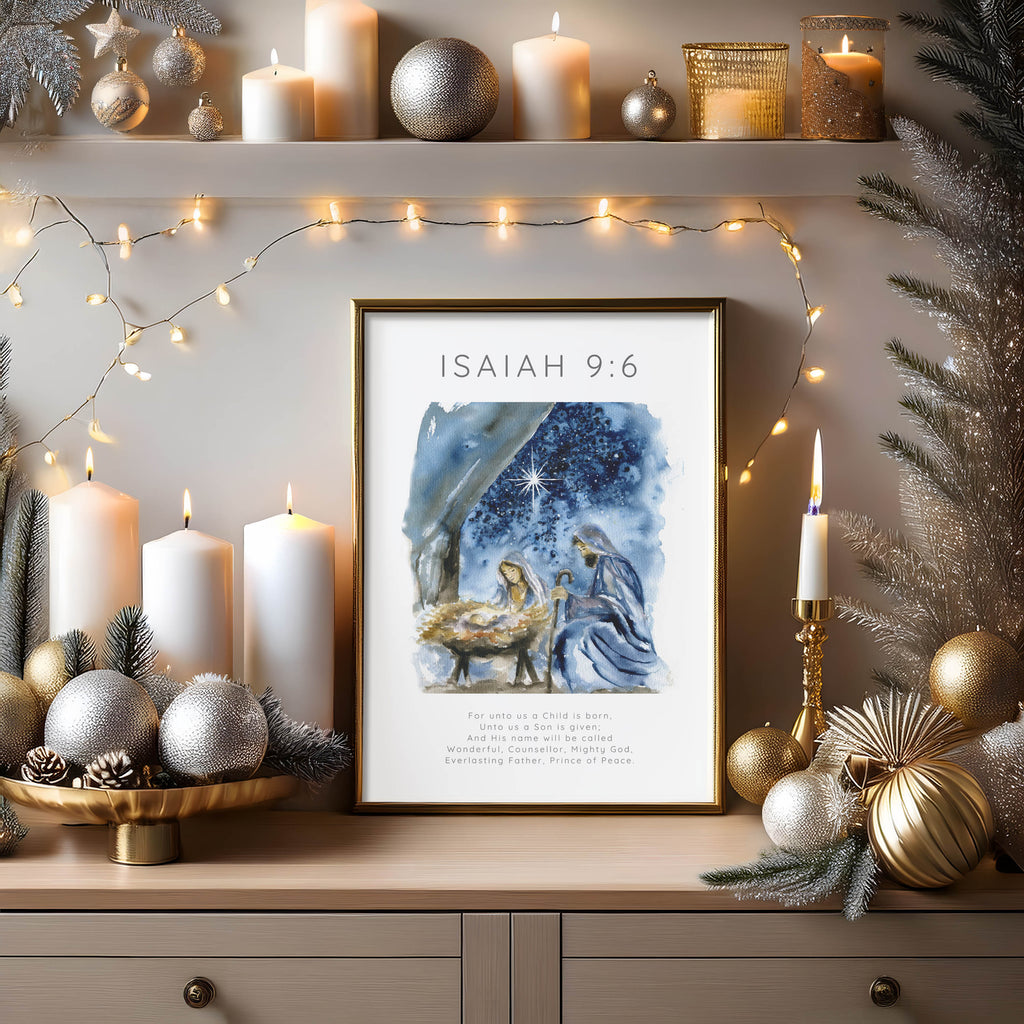 Isaiah 9:6 Bible verse art showing nativity, Christian holiday gift idea.