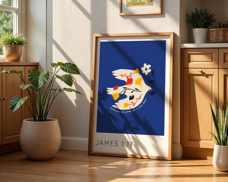 bold-toned Bible verse print with a flying bird and floral detail paired with James 1:17.