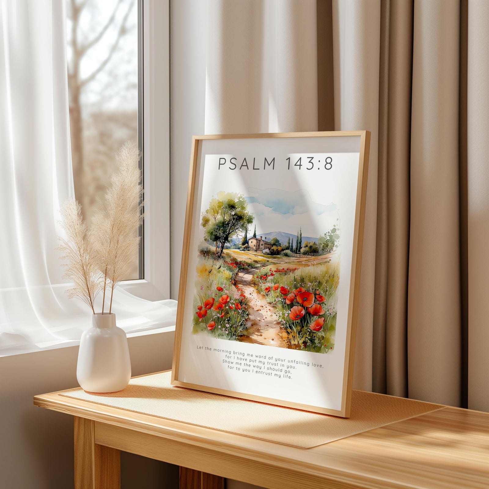 Psalm 143:8 - Landscape Bible verse print with farmhouse trees meadow and God's unfailing love text.
