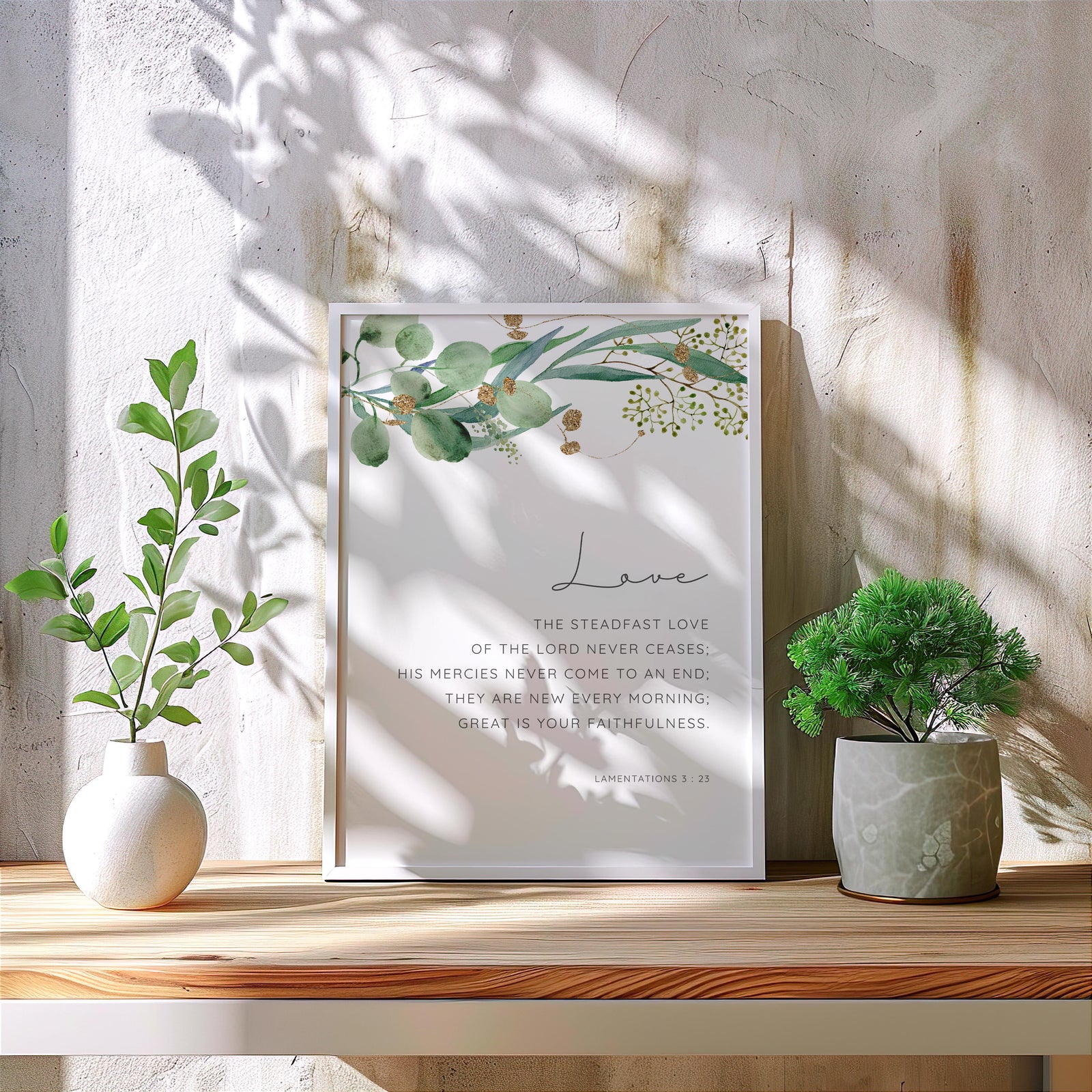 Lamentations 3:23 – Bible verse wall decor with fresh botanical illustration.