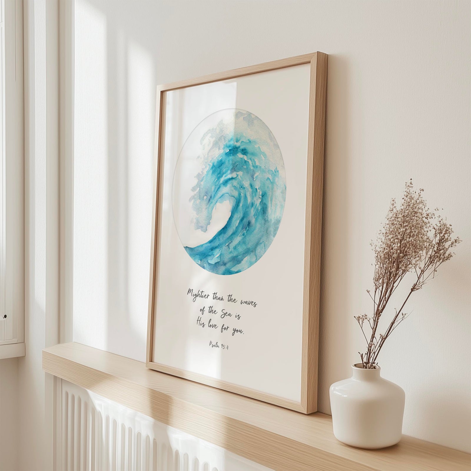 Psalm 93:4 - Ocean wave Christian art displaying mightier than the waves Bible verse on turquoise background.