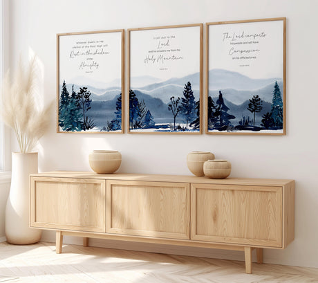 Comforting Christian art set - Mountain landscape trio with protection compassion Bible verses.