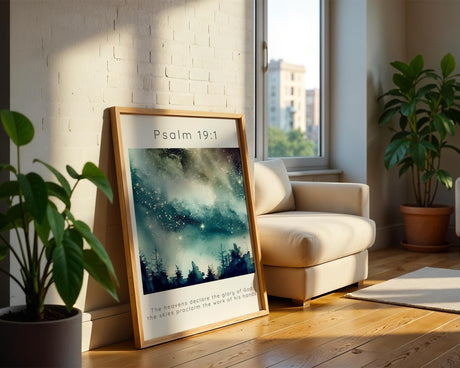 Psalm 19:1 – Heavenly scripture art print for faith-filled home decor.