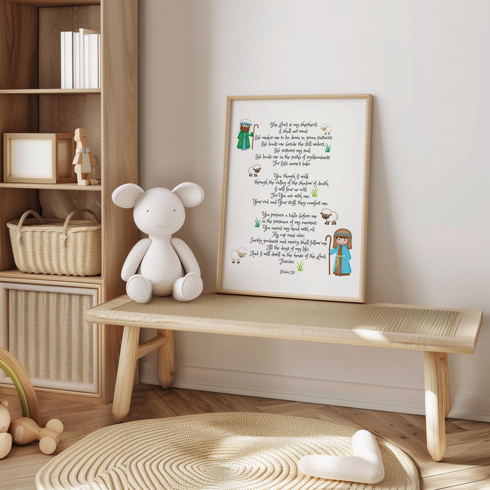 Psalm 23 - Bible verse nursery art with charming shepherd and sheep characters and hand-lettered Psalm 23 scripture.