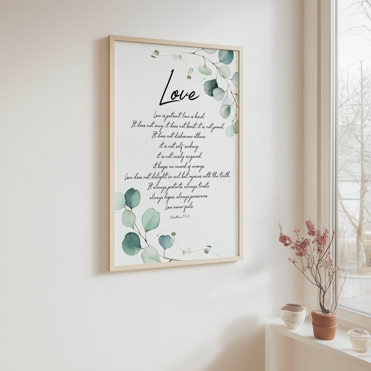 Bible Verses from the Book of Corinthians wall art – Christian scripture print sharing wisdom, love, and faith-filled encouragement.