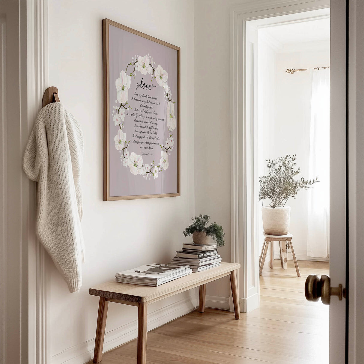 1 Corinthians 13:4–8 – Bible verse wall art featuring delicate white flower wreath and timeless scripture about love.