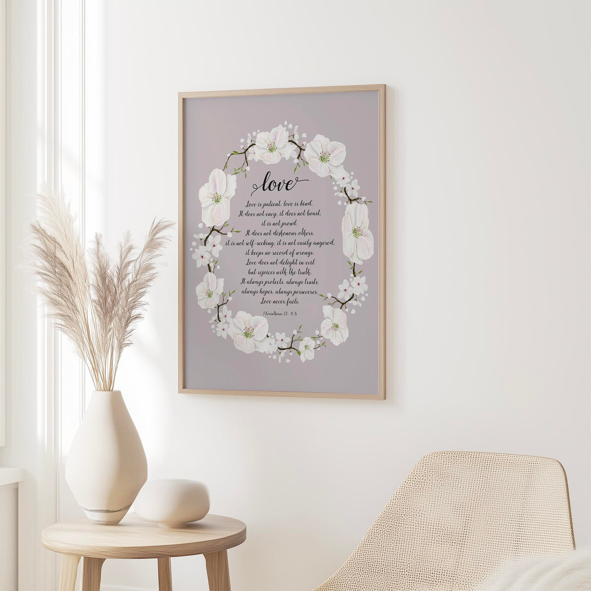 1 Corinthians 13:4–8 – Christian scripture wall art with floral wreath design and verse celebrating patient and enduring love.