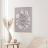 1 Corinthians 13:4–8 – Christian scripture wall art with floral wreath design and verse celebrating patient and enduring love.
