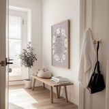 1 Corinthians 13:4–8 – Christian wall art with grey background and white floral wreath featuring the love scripture.