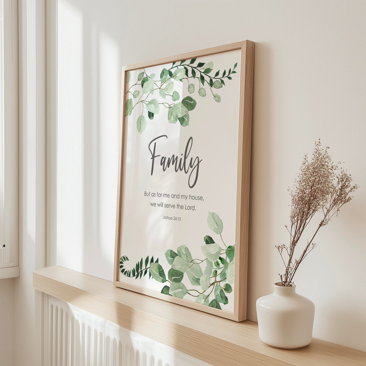 Joshua 24:15 scripture wall art print with decorative leafy borders, designed for a peaceful and spiritually uplifting family space.