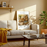 Matthew 14 - Christian quote poster with five loaves and two fish watercolour still life in warm golden and earthy tones.