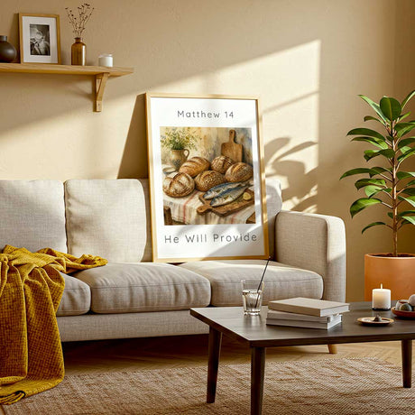 Matthew 14 - Christian quote poster with five loaves and two fish watercolour still life in warm golden and earthy tones.