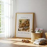 Matthew 14 - He Will Provide Christian wall art with watercolour loaves and fish still life in warm farmhouse tones.