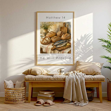 Matthew 14 - Bible verse picture with five rustic bread loaves and two fish on wooden chopping board and wildflower jug.