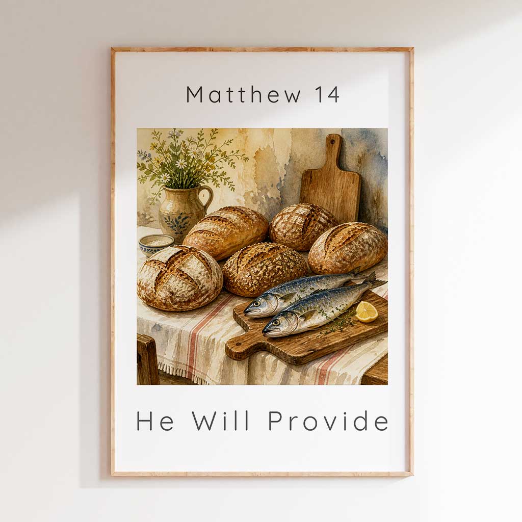 Matthew 14 - He Will Provide Bible verse picture featuring warm watercolour loaves and fish scene with wildflowers and linen cloth.
