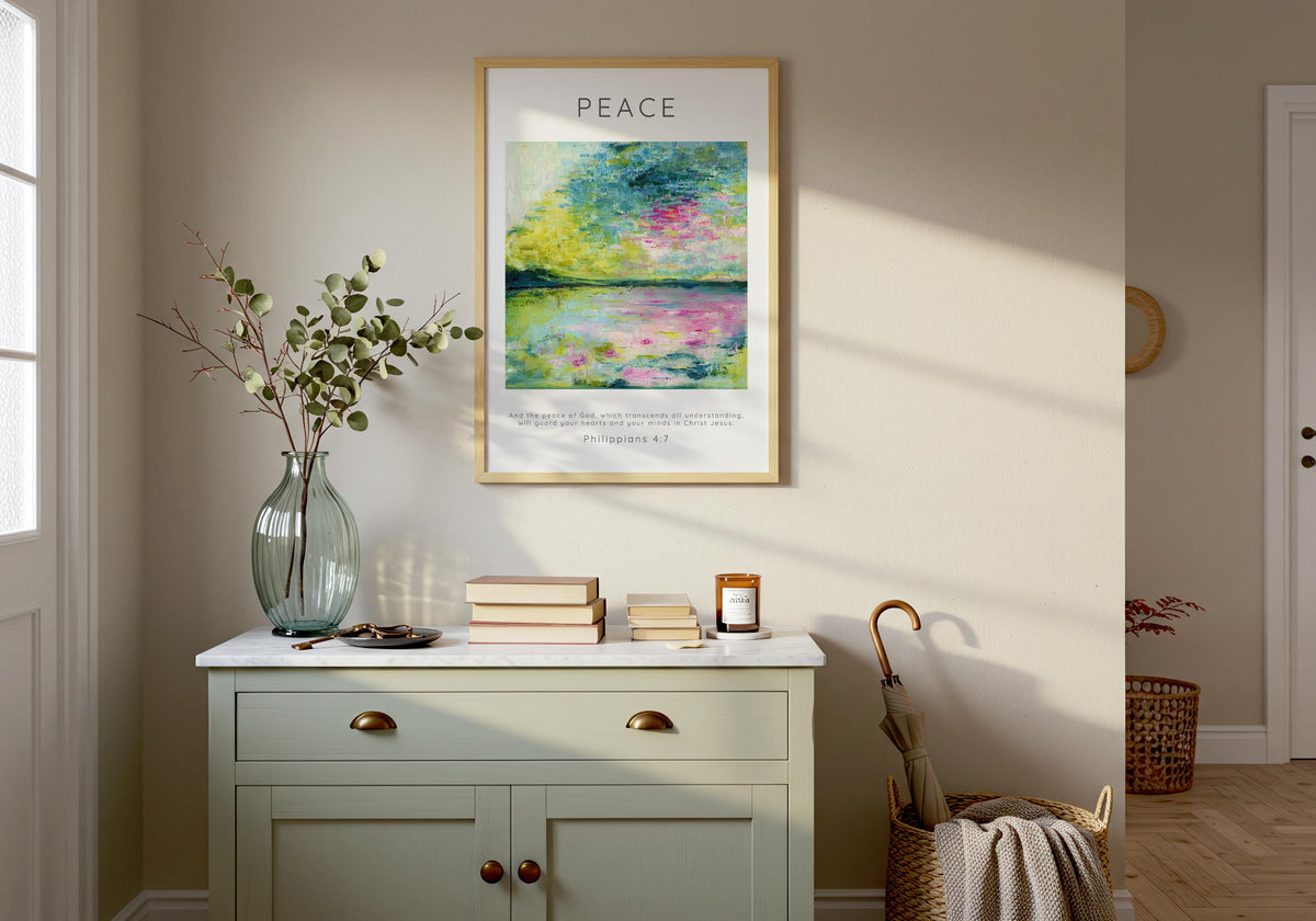 Faith wall art featuring coastal abstract background and scripture.
