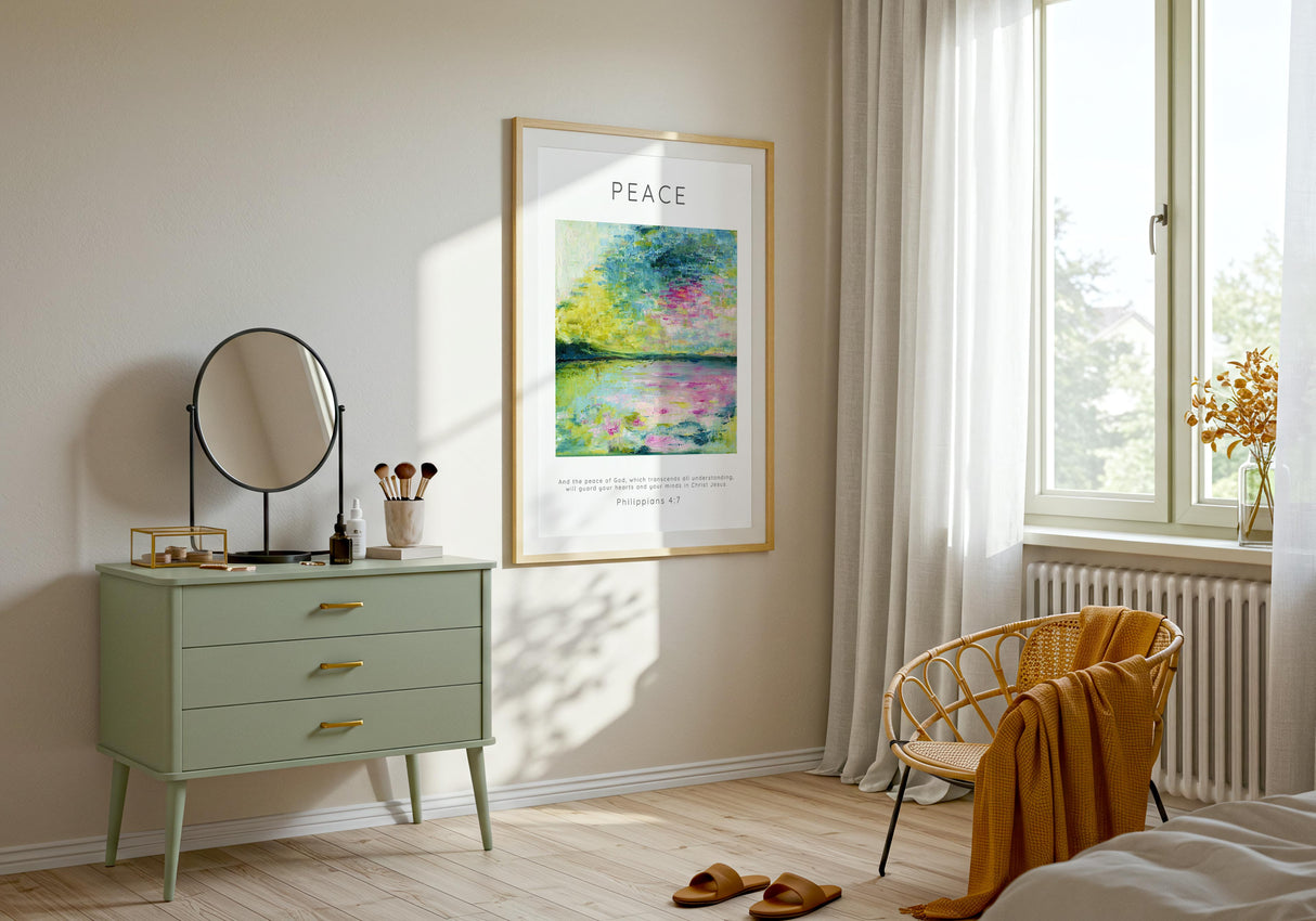 Peace Bible verse print with pale blue and teal abstract design.