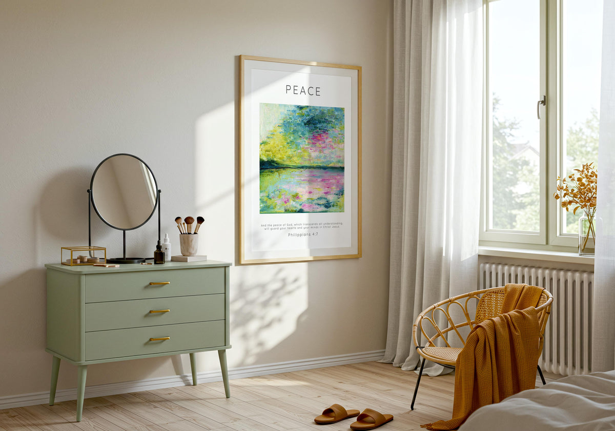 Peace Bible verse print with pale blue and teal abstract design.