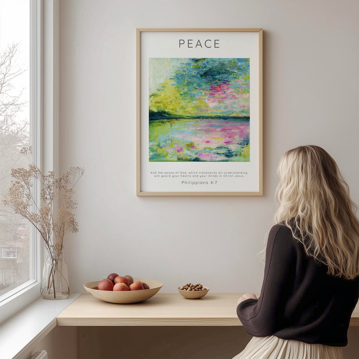 Philippians 4:7 Christian wall decor with coastal inspired artwork.