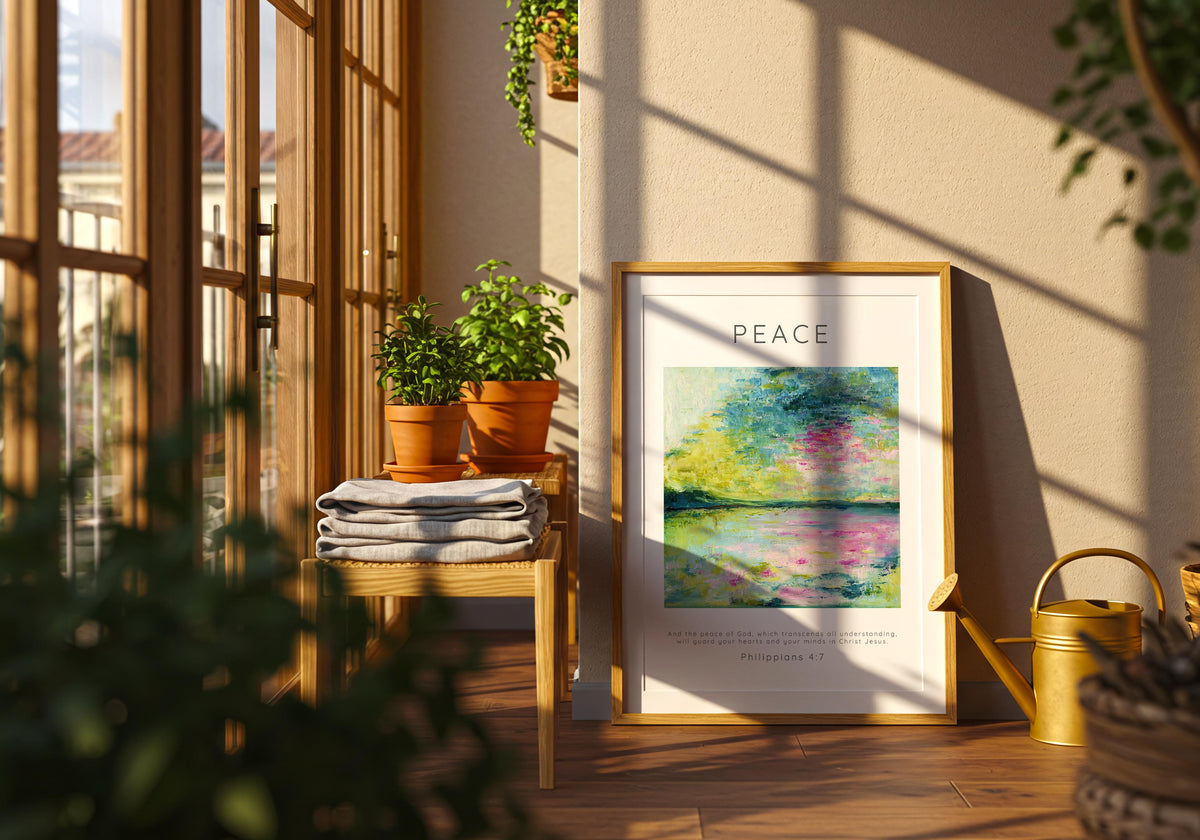 Faith inspired art print featuring Peace typography and ocean design.