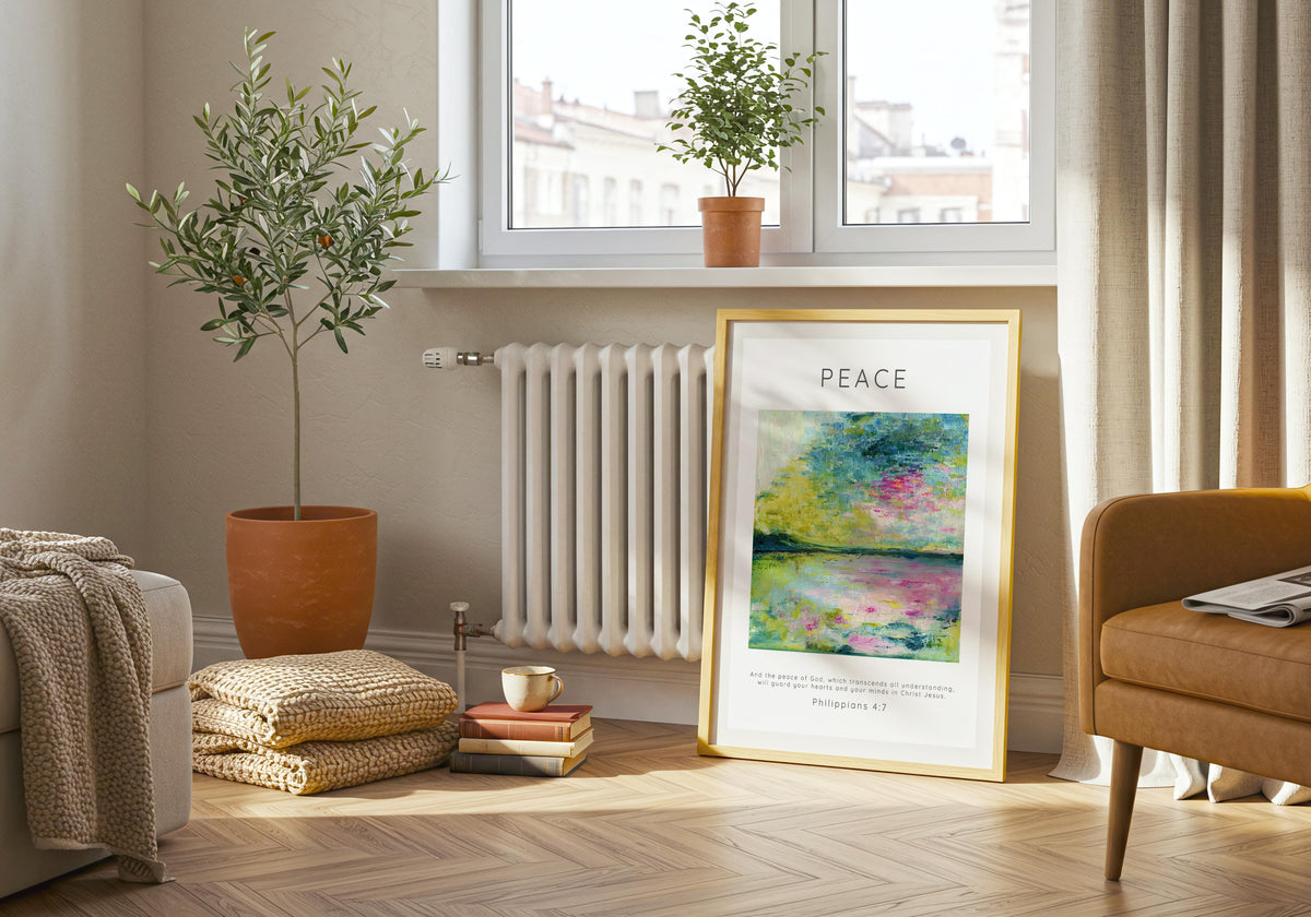 Philippians 4:7 Peace of God print with serene water tones.