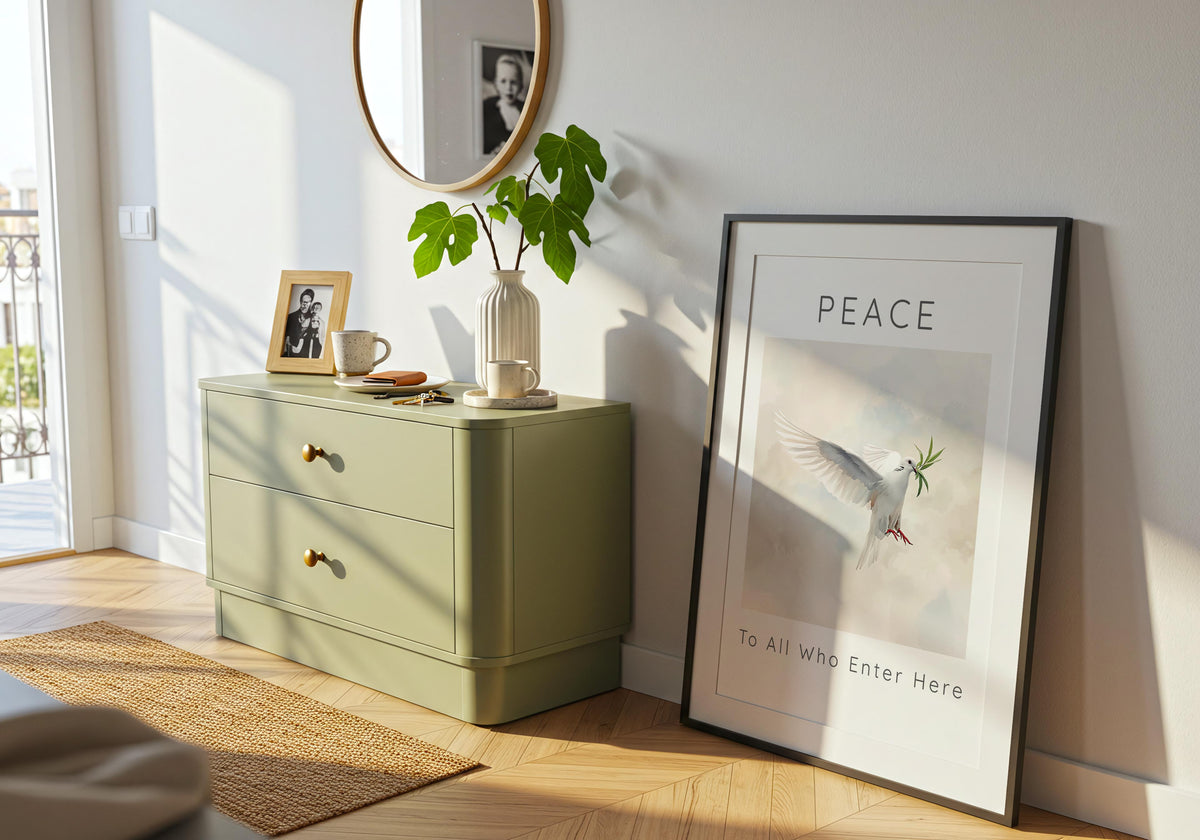 Peace To All Who Enter Here – Tranquil bird art bringing light and grace to interiors.
