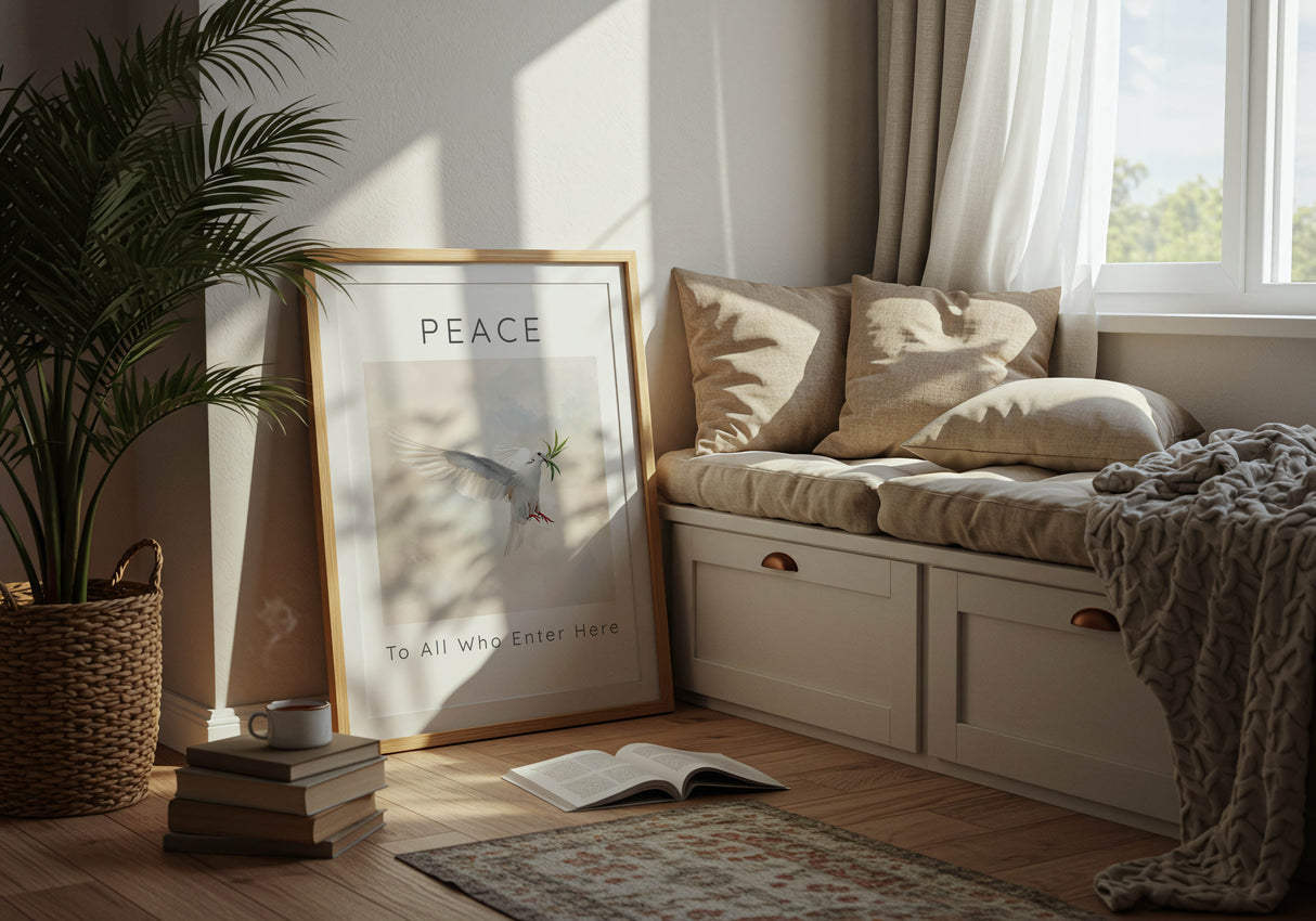 Peace To All Who Enter Here – Minimalist dove print with soft pastel background.