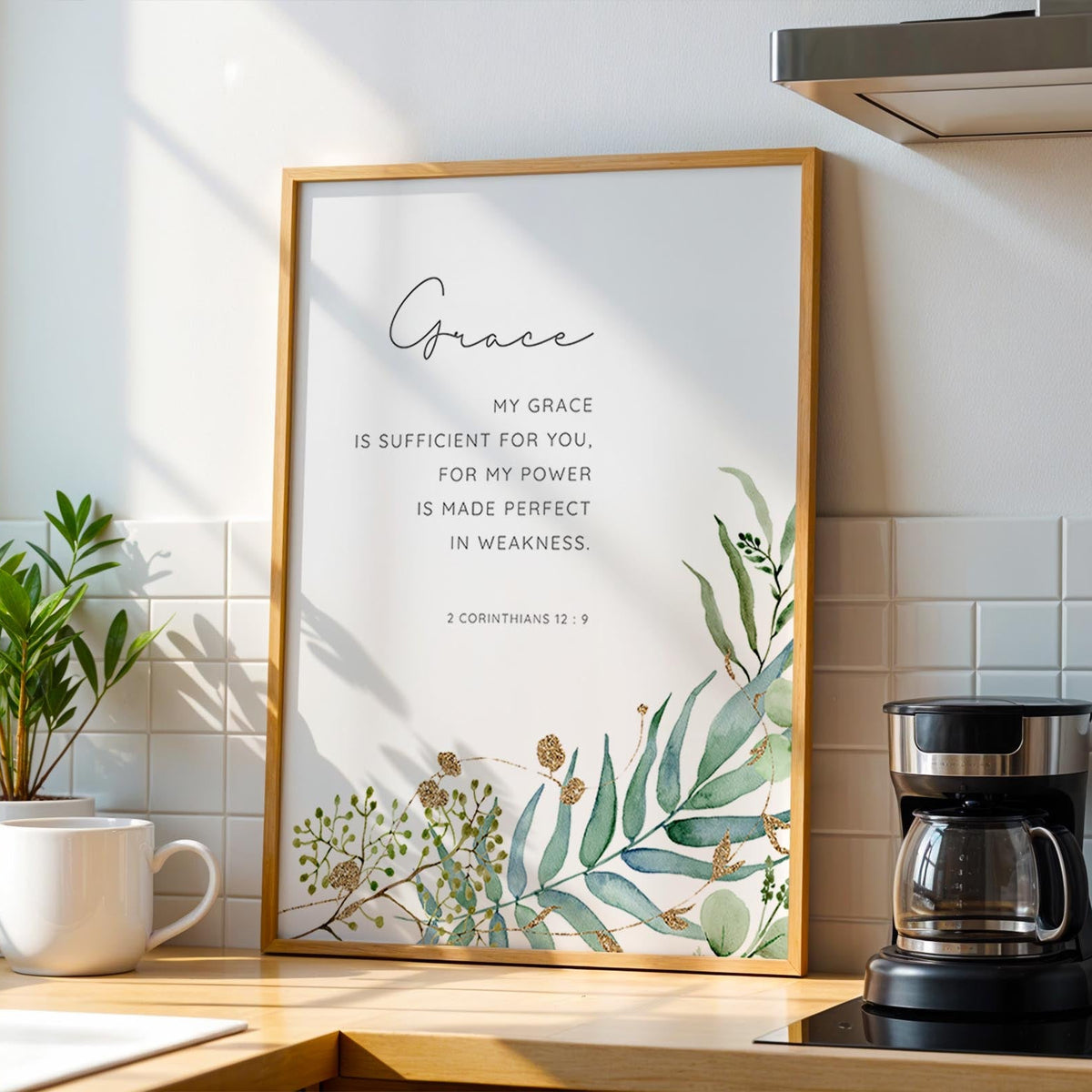 2 Corinthians 12:9 - My grace is sufficient Christian Bible verse wall art with soft green botanical design, comforting faith decor.