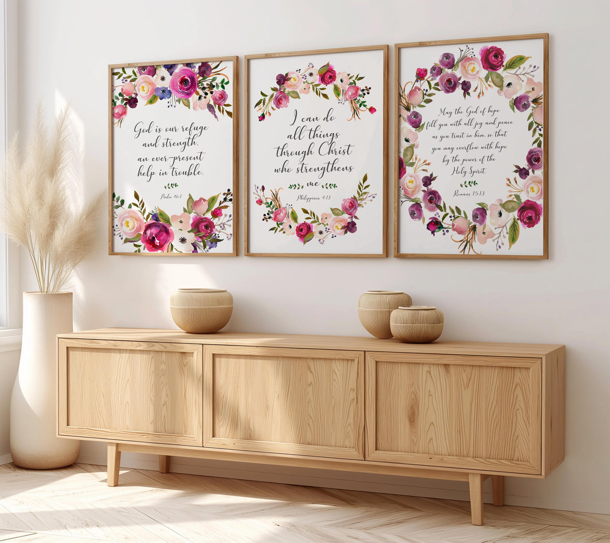 Philippians 4:13 - Comforting Christian wall art print with elegant floral illustration, I can do all things through Christ scripture decor.