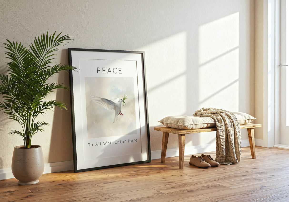 Peace To All Who Enter Here – Dove artwork creating peaceful atmosphere in home.