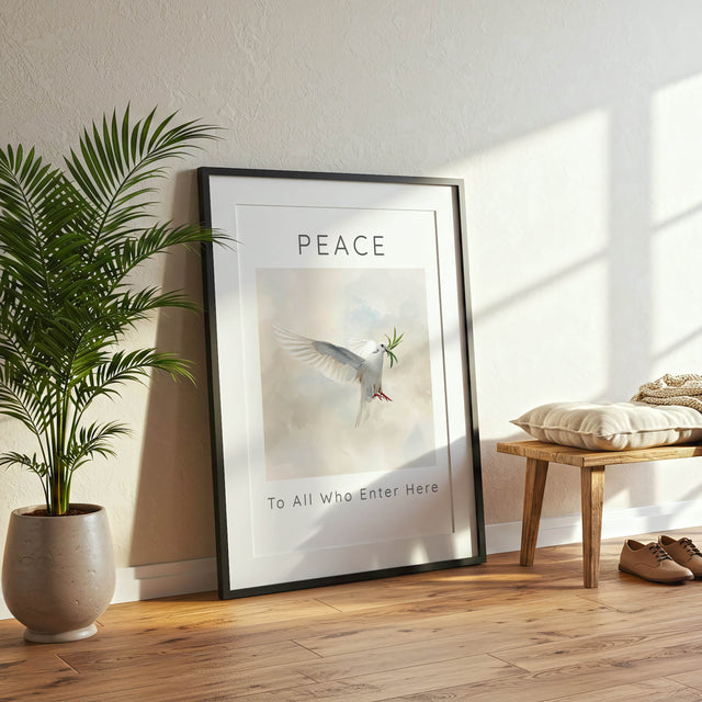 Peace To All Who Enter Here – Dove artwork creating peaceful atmosphere in home.