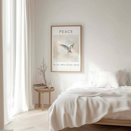 Peace To All Who Enter Here – Stylish home print with dove and olive branch.